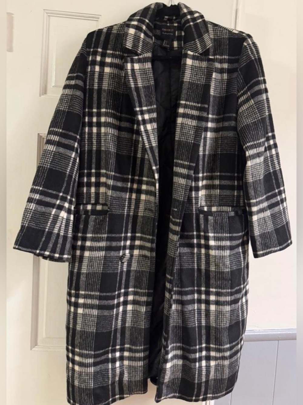 Forever21 Plaid Long Wool-Blend Coat - Black & White